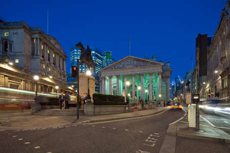Night view of British financial heart, Bank of England and Royal Exchangeの写真素材