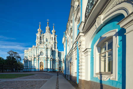 Beautiful Smolny Cathedral - a striking example of baroque architecture in St  Petersburg, Russia  The picture was taken with the tilt-shift lens, vertical lines of architecture preservedの写真素材