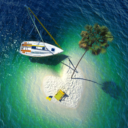 Concept of a wonderful holiday in a tropical paradise - a small sandy heart-shaped tropical island, snow-white yacht, palm and sun bed  Very realistic detailed 3-D graphicsの写真素材