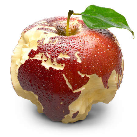 Red ripe apple. Its juicy pulp deeply carved oceans. Apple peel in the form of exact shape of continents is covered with water droplets. Isolated on a white backgroundの写真素材