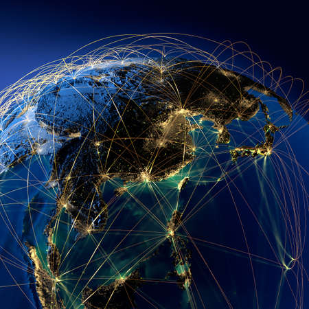 Highly detailed planet Earth at night with embossed continents, illuminated by light of cities, translucent and reflective ocean. Earth is surrounded by a luminous network, representing the major air routes based on real data