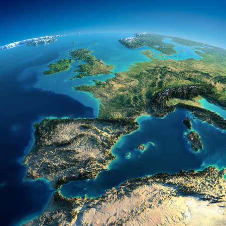 Highly detailed planet Earth in the morning Exaggerated precise relief lit morning sun Part of Europe, the Mediterranean Sea Highly detailed planet Earth in the morning Exaggerated precise relief lit morning sun Part of Europe, the Mediterranean Sea