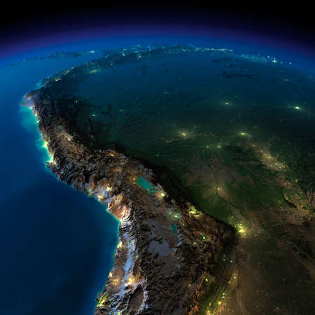 Highly detailed Earth, illuminated by moonlight  The glow of cities sheds light on the detailed exaggerated terrain and translucent water of the oceansの写真素材