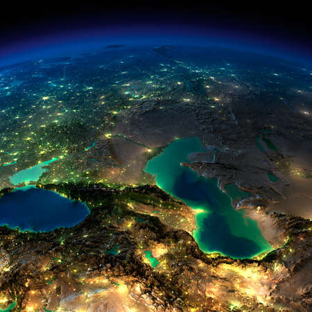 Highly detailed Earth, illuminated by moonlight  The glow of cities sheds light on the detailed exaggerated terrain and translucent water of the oceansの写真素材