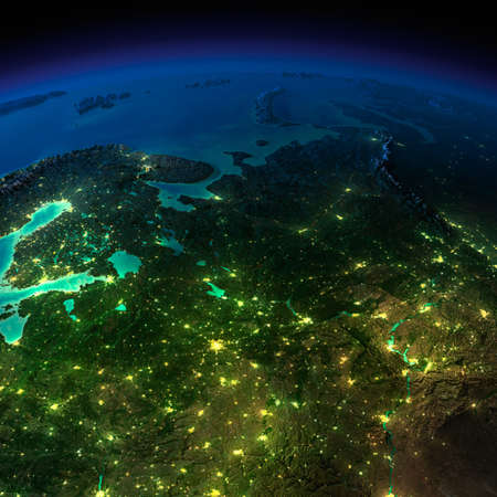Highly detailed Earth, illuminated by moonlight  The glow of cities sheds light on the detailed exaggerated terrain and translucent water of the oceansの写真素材