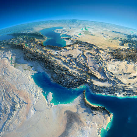 Highly detailed planet Earth in the morning  Exaggerated precise relief lit morning sun  Persian Gulf  の写真素材