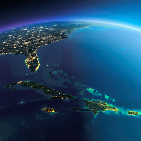 Highly detailed planet Earth. Night with glowing city lights gives way to day. The boundary of the...