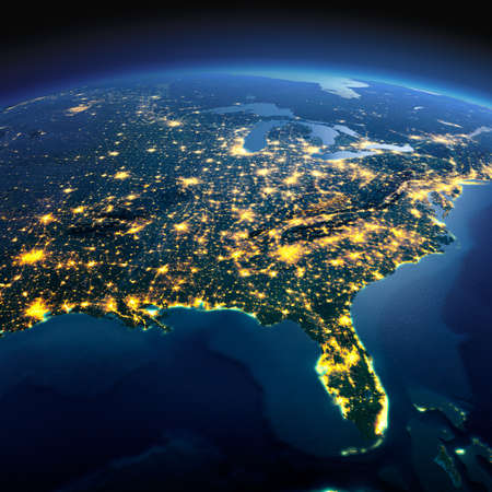 Night planet Earth with precise detailed relief and city lights illuminated by moonlight. North America. USA. Gulf of Mexico and Florida. Elements of this image furnished by NASA Night planet Earth with precise detailed relief and city lights illuminated by moonlight. North America. USA. Gulf of Mexico and Florida. Elements of this image furnished by NASA