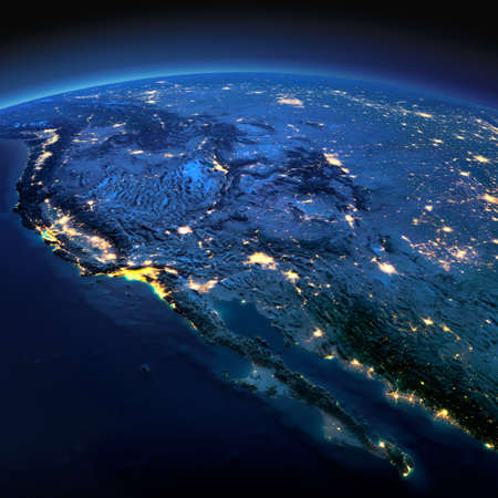 Night planet Earth with precise detailed relief and city lights illuminated by moonlight. Gulf of California, Mexico and the western U.S. states. の写真素材