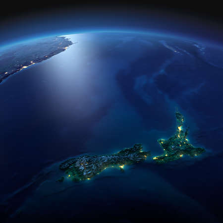 Night planet Earth with precise detailed relief and city lights illuminated by moonlight. New Zealand. Elements of this image furnished by NASAの写真素材