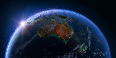 Planet Earth with detailed relief and atmosphere is covered with a network of air routes based on...