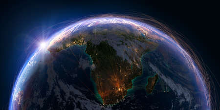 Planet Earth with detailed relief and atmosphere is covered with a network of air routes based on real data. South Africa and Madagascar. 3D rendering. Elements of this image furnished byの写真素材