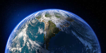 Planet Earth with detailed relief and atmosphere. Day and Night. South America. 3D rendering. Elements of this image furnished byの写真素材