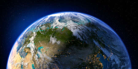Planet Earth with detailed relief and atmosphere. Day and Night. Eurasia. 3D rendering. Elements of this image furnished byの写真素材