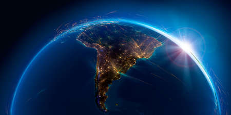 Planet Earth with detailed relief is covered with a complex luminous network of air routes based on real data. South America. 3D rendering.の写真素材