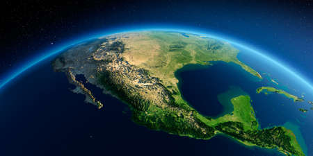 Highly detailed planet Earth in the morning. Exaggerated precise relief lit morning sun. Mexico. 3D rendering.の写真素材