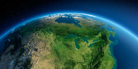 Highly detailed planet Earth in the morning. Exaggerated precise relief lit morning sun. Detailed Earth. United States and Canada. Great Lakes. 3D rendering.の写真素材
