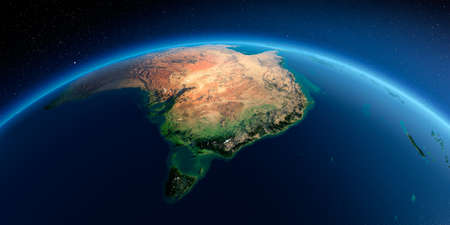 Highly detailed planet Earth in the morning. Exaggerated precise relief lit morning sun. Detailed Earth. Australia and Tasmania. 3D rendering.の写真素材