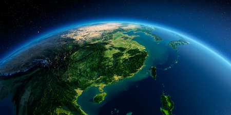 Highly detailed planet Earth in the morning. Exaggerated precise relief lit morning sun. Eastern China and Taiwan. 3D rendering.の写真素材