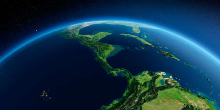 Highly detailed planet Earth in the morning. Exaggerated precise relief lit morning sun. Detailed Earth. The countries of Central America. 3D rendering.の写真素材