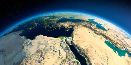 Highly detailed planet Earth in the morning. Exaggerated precise relief lit morning sun. Africa and Middle East. 3D rendering.の写真素材
