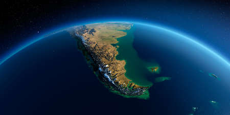 Highly detailed planet Earth in the morning. Exaggerated precise relief lit morning sun. Detailed Earth. South America. Tierra del Fuego. 3D rendering.の写真素材