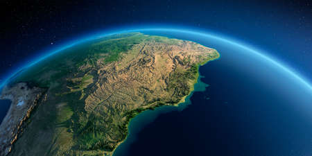 Highly detailed planet Earth in the morning. Exaggerated precise relief lit morning sun. South America, East Coast of Brazil. 3D rendering.の写真素材