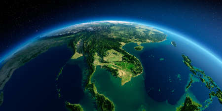Highly detailed planet Earth in the morning. Exaggerated precise relief lit morning sun. Detailed Earth. Indochina peninsula. 3D rendering.の写真素材