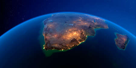 Planet Earth with detailed exaggerated relief at night lit by the lights of cities. South Africa. 3D rendering.の写真素材