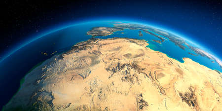 Highly detailed planet Earth. Exaggerated precise relief lit morning sun. North Africa. Algeria,...