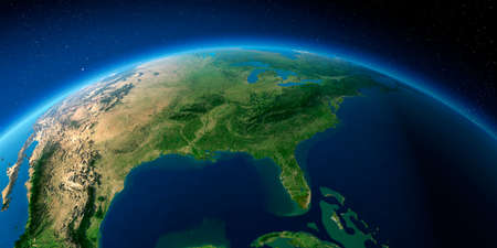 Highly detailed planet Earth with exaggerated relief illuminated by the evening sun. Gulf of Mexico and Florida.の写真素材