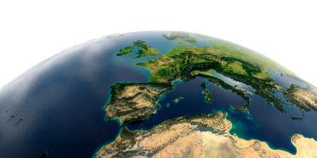 Highly detailed planet Earth with exaggerated relief and transparent oceans illuminated by sunlight. Part of Europe, the Mediterranean Sea.の写真素材