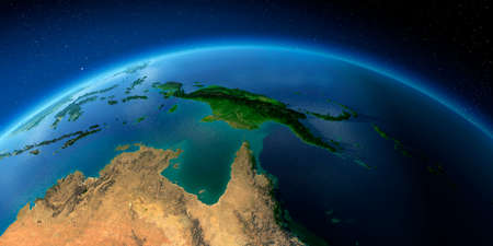Highly detailed planet Earth with exaggerated relief illuminated by the evening sun. Australia and Papua New Guinea.の写真素材