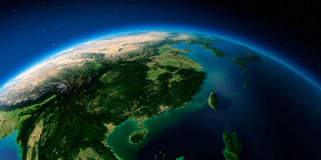 Highly detailed planet Earth with exaggerated relief illuminated by the evening sun. Eastern China and Taiwan.の写真素材