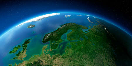 Highly detailed planet Earth with exaggerated relief illuminated by the evening sun. European part of Russia.の写真素材