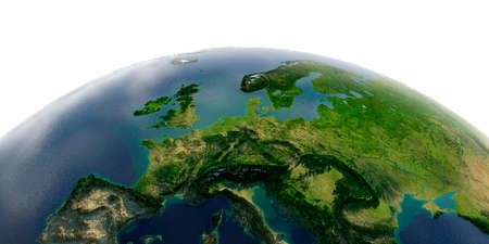 Highly detailed planet Earth with exaggerated relief and transparent oceans illuminated by sunlight. Central Europe.の写真素材