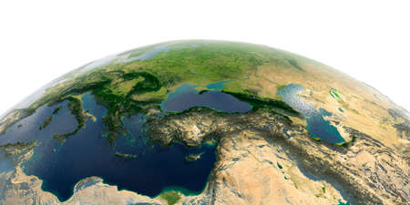Highly detailed planet Earth with exaggerated relief and transparent oceans illuminated by sunlight. Middle East countries.の写真素材