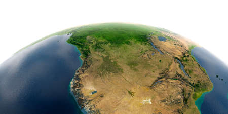 Highly detailed planet Earth with exaggerated relief and transparent oceans illuminated by sunlight. Southern Africa Angola and Congo.の写真素材