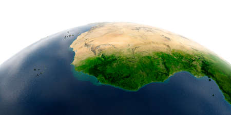 Highly detailed planet Earth with exaggerated relief and transparent oceans illuminated by sunlight. West African countries.の写真素材