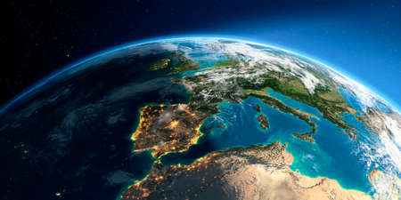Highly detailed Earth with atmosphere, exaggerated relief and light-flooded cities. Transition from night to day. Part of Europe, the Mediterranean Sea. 3D rendering.の写真素材