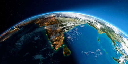 Highly detailed Earth with atmosphere, exaggerated relief and light-flooded cities. Transition from night to day. India and Sri Lanka. 3D rendering.の写真素材