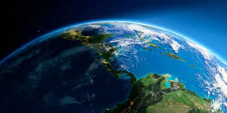 Highly detailed Earth with atmosphere, exaggerated relief and light-flooded cities. Transition from night to day. The countries of Central America. 3D rendering.の写真素材