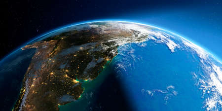 Highly detailed Earth with atmosphere, exaggerated relief and light-flooded cities. Transition from night to day. South America. Rio de La Plata. 3D rendering.の写真素材