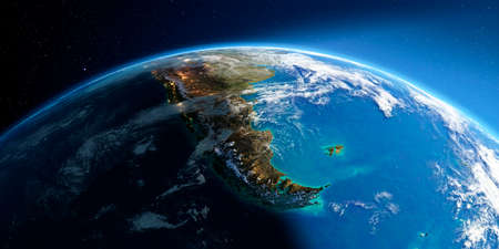 Highly detailed Earth with atmosphere, exaggerated relief and light-flooded cities. Transition from night to day. South America. Tierra del Fuego. 3D rendering.の写真素材