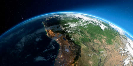 Highly detailed Earth with atmosphere, exaggerated relief and light-flooded cities. Transition from night to day. South America. Bolivia, Peru, Brazil. 3D rendering.の写真素材