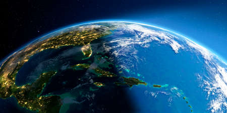 Highly detailed Earth with atmosphere, exaggerated relief and light-flooded cities. Transition from night to day. Caribbean islands. 3D rendering.の写真素材