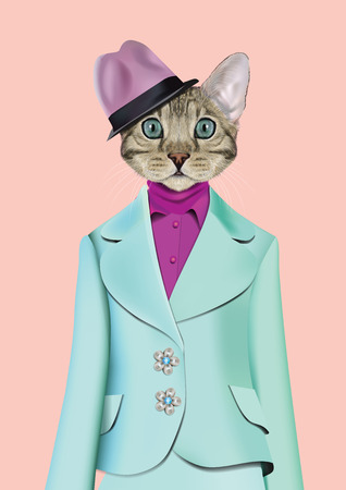 Vector Illustration of domestic cat in pale pink suit, orange  shirt, a violet hat.のイラスト素材