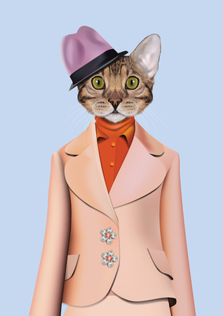 Vector Illustration of domestic cat in blue suit, purple shirt, a violet hat.のイラスト素材