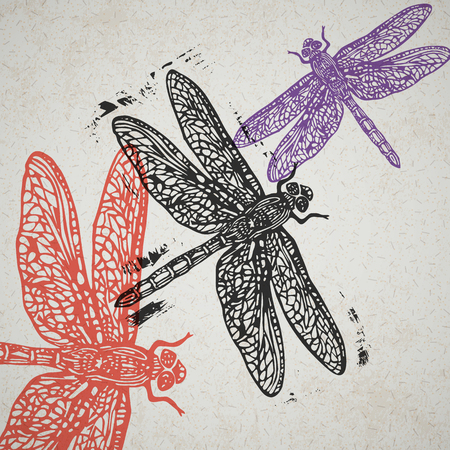Linocut dragonfly in flight in different colors on old paperのイラスト素材
