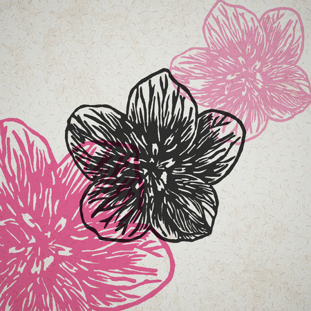 Linocut  flower in different colors on the old paperのイラスト素材